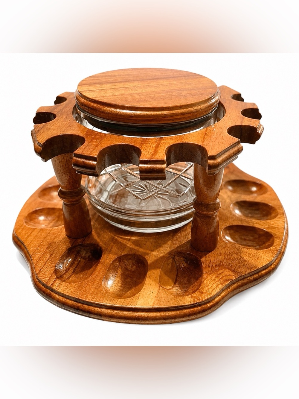 Wood Swiveling 12-Pipe Rack with Wood and Glass Tobacco Jar Humidor